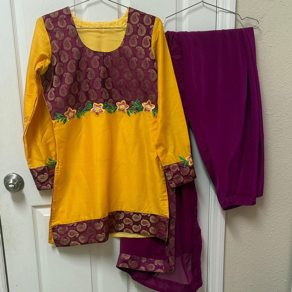 Pakistani Indian Yellow and Purple Embroidered Kurta Set